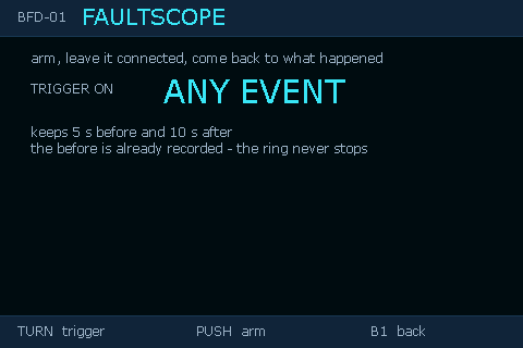 BFD-01 FaultScope screen showing the Any Event trigger and pre-trigger capture settings